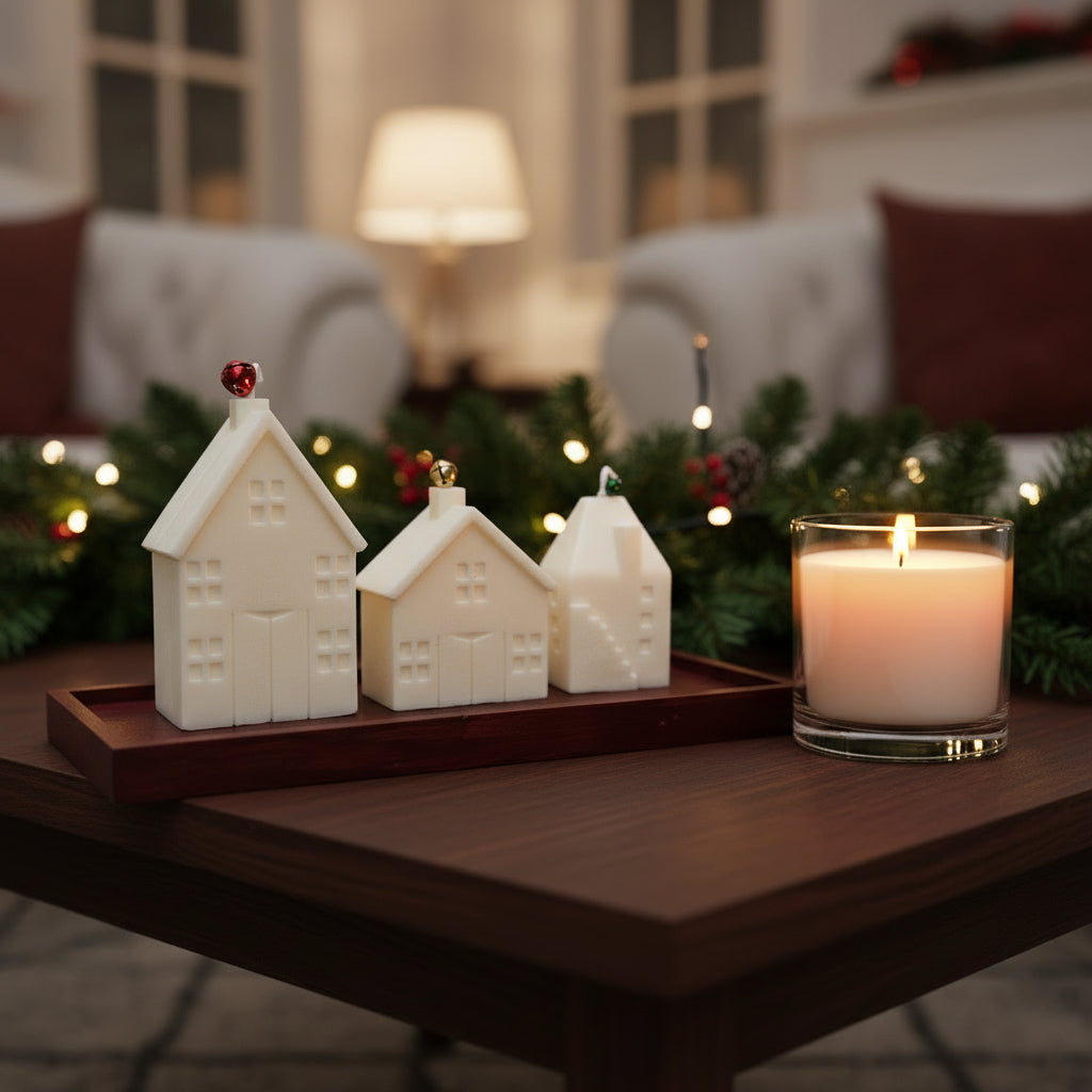 Three house-shaped candles on a red resin tray.