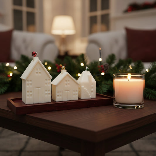 Three house-shaped candles on a red resin tray.